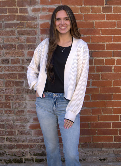 Textured Pointelle Knit Cardigan-Black Contrast Trim,Cardigan,Cardigan Sweater,Lovestitch,Outerwear,Pointelle,Rib Knit,Women,women's-[option4]-[option5]-[option6]-Bella Bliss Boutique in Texas