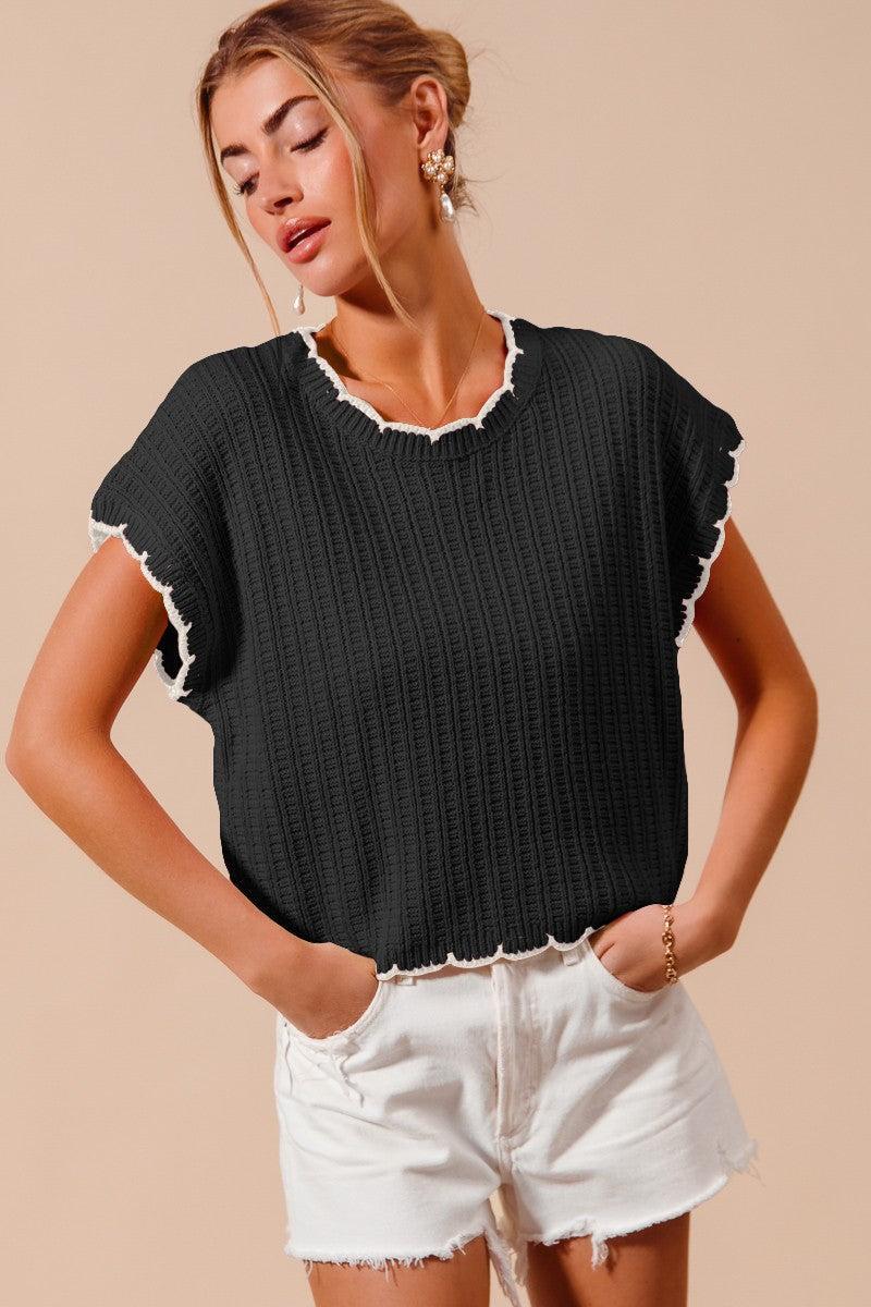 Textured Scallop Edge Sweater-Black/Ivory,Blush/Red,clothing,Dolman,Dolman Sleeve,Dolman Sleeves,Lightweight,Lightweight Sweater,Scallop,Scallop Hem,Scallop Trim,Scalloped,Scalloped Detail,Scalloped Edge,Sweater,Sweaters,Textured,Top,Tops,Women,women's-Black/Ivory-S-[option4]-[option5]-[option6]-Bella Bliss Boutique in Texas