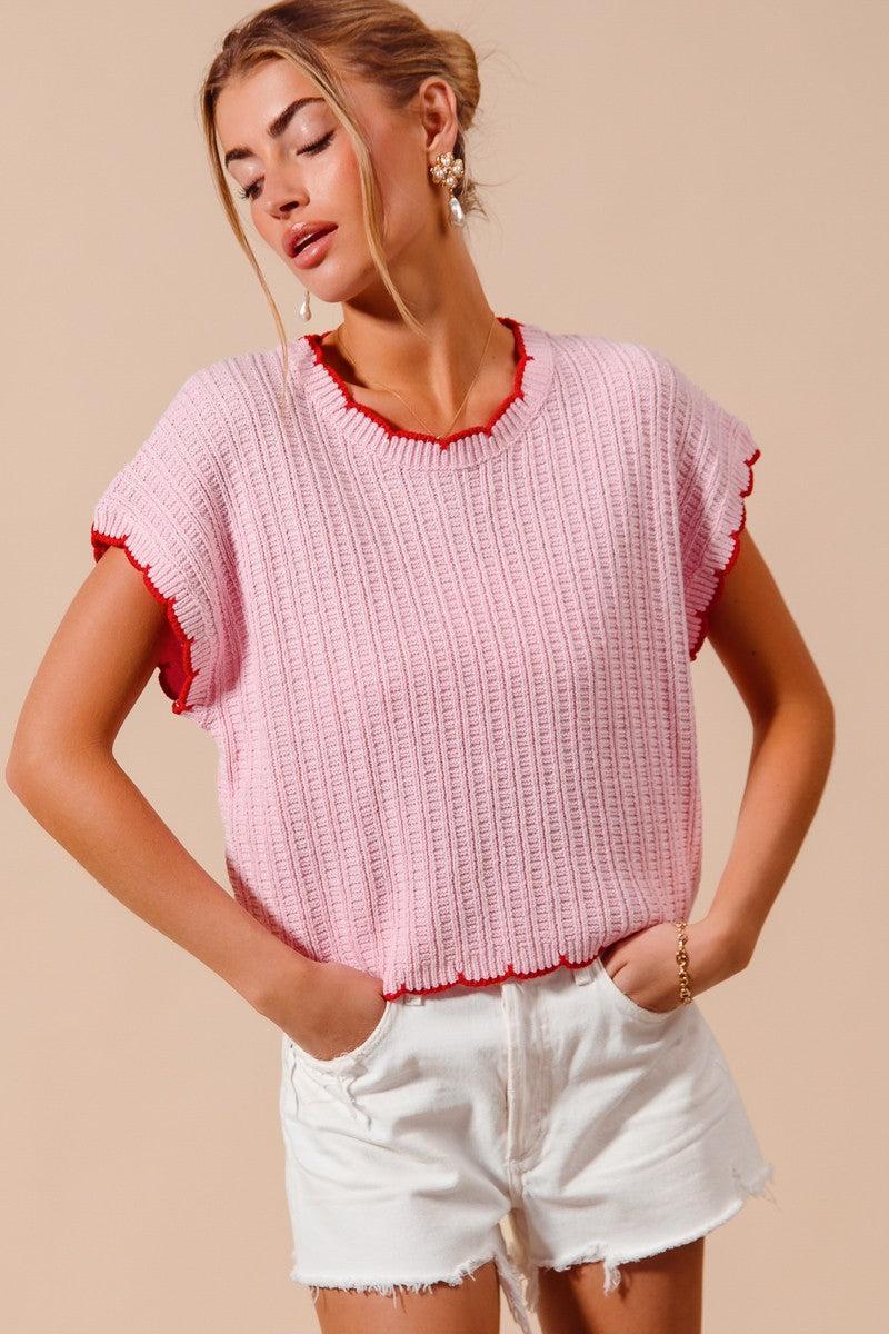 Textured Scallop Edge Sweater-Black/Ivory,Blush/Red,clothing,Dolman,Dolman Sleeve,Dolman Sleeves,Lightweight,Lightweight Sweater,Scallop,Scallop Hem,Scallop Trim,Scalloped,Scalloped Detail,Scalloped Edge,Sweater,Sweaters,Textured,Top,Tops,Women,women's-Blush/Red-S-[option4]-[option5]-[option6]-Bella Bliss Boutique in Texas