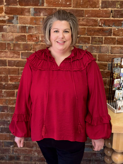 Textured Tassel Trim Top-clothing,Curvy,Red,Shirring,Tassel Trim,Textured,Top,Tops-1XL-[option4]-[option5]-[option6]-Bella Bliss Boutique in Texas