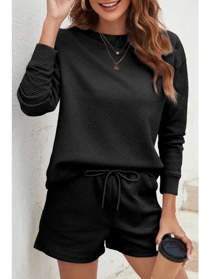 Textured Top & Drawstring Lounge Set-Black, clothing, Drawstring, Loungewear, Loungewear & Intimates, Sale, Textured, Women, women's-[option4]-[option5]-[option6]-Bella Bliss Boutique in Texas