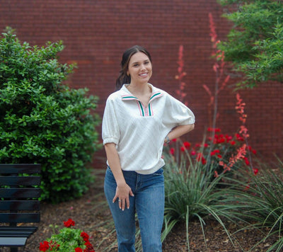 Textured Zip Collar Top-clothing,Top,Tops,White,Women,women's,Zip Collar-[option4]-[option5]-[option6]-Bella Bliss Boutique in Texas