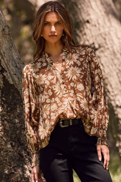 The Bloom Blouse-Autumn Orange,Bloom,Bloom Flower,blouse,Button Front,Button Up,clothing,Flowers,Lilac Bloom,nylon,orange,rayon,Smocked Cuffs,Tops,White,women's-S-[option4]-[option5]-[option6]-Bella Bliss Boutique in Texas