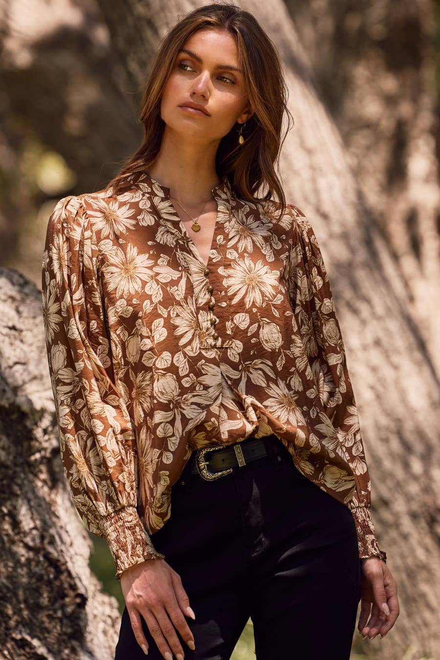 The Bloom Blouse-Autumn Orange,Bloom,Bloom Flower,blouse,Button Front,Button Up,clothing,Flowers,Lilac Bloom,nylon,orange,rayon,Smocked Cuffs,Tops,White,women's-[option4]-[option5]-[option6]-Bella Bliss Boutique in Texas