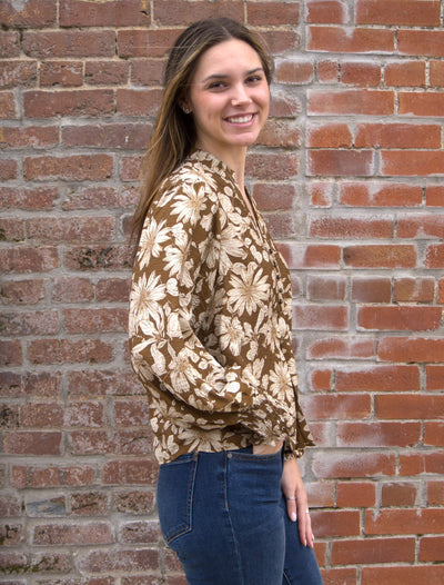 The Bloom Blouse-Autumn Orange,Bloom,Bloom Flower,blouse,Button Front,Button Up,clothing,Flowers,Lilac Bloom,nylon,orange,rayon,Smocked Cuffs,Tops,White,women's-[option4]-[option5]-[option6]-Bella Bliss Boutique in Texas