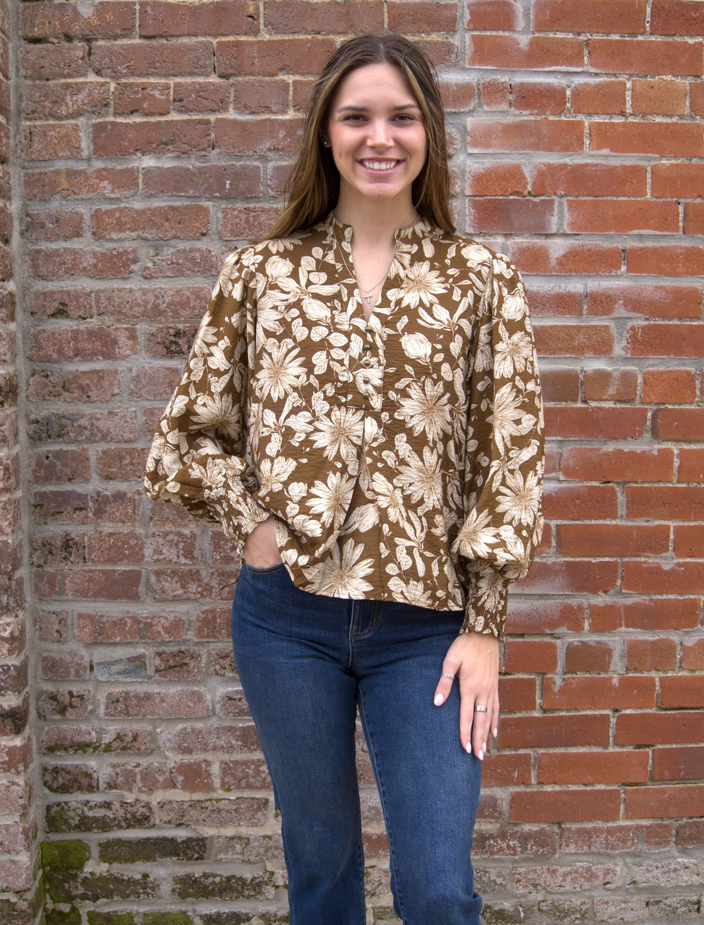 The Bloom Blouse-Autumn Orange,Bloom,Bloom Flower,blouse,Button Front,Button Up,clothing,Flowers,Lilac Bloom,nylon,orange,rayon,Smocked Cuffs,Tops,White,women's-[option4]-[option5]-[option6]-Bella Bliss Boutique in Texas