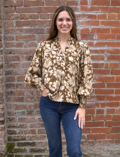 The Bloom Blouse-Autumn Orange,Bloom,Bloom Flower,blouse,Button Front,Button Up,clothing,Flowers,Lilac Bloom,nylon,orange,rayon,Smocked Cuffs,Tops,White,women's-[option4]-[option5]-[option6]-Bella Bliss Boutique in Texas