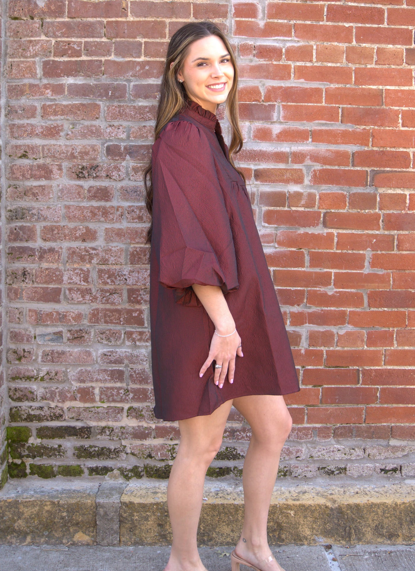 The Colette Balloon Sleeve Dress-Babydoll,Balloon Sleeve,clothing,dress,dresses,JODIFL,Mini Dress,Ruffle Trim,Split V-Neck,Textured,Women,women's-[option4]-[option5]-[option6]-Bella Bliss Boutique in Texas