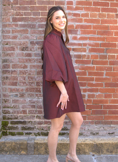 The Colette Balloon Sleeve Dress-Babydoll,Balloon Sleeve,clothing,dress,dresses,JODIFL,Mini Dress,Ruffle Trim,Split V-Neck,Textured,Women,women's-[option4]-[option5]-[option6]-Bella Bliss Boutique in Texas