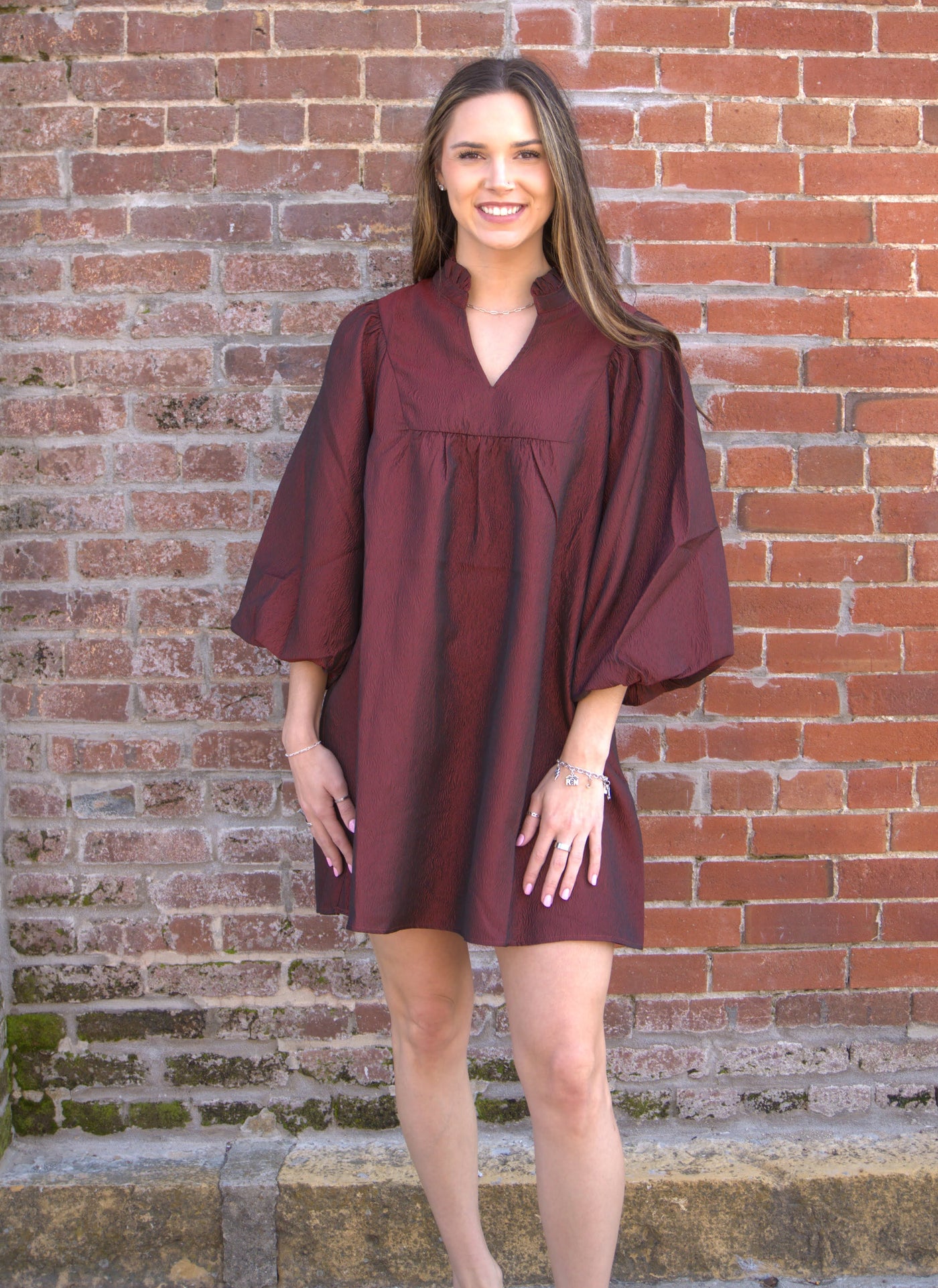 The Colette Balloon Sleeve Dress-Babydoll,Balloon Sleeve,clothing,dress,dresses,JODIFL,Mini Dress,Ruffle Trim,Split V-Neck,Textured,Women,women's-[option4]-[option5]-[option6]-Bella Bliss Boutique in Texas