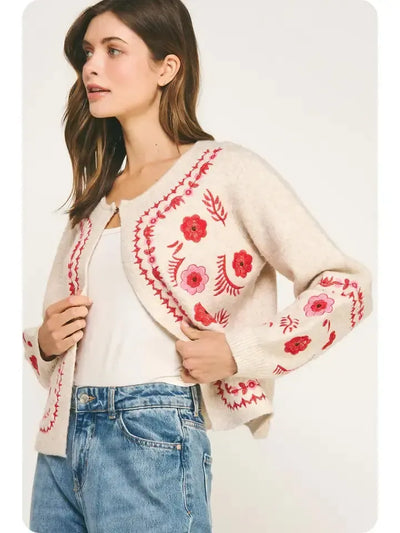 The Embroidered Knit Cardigan-Cardigan Sweater,clothing,embroidered,Embroidered Detail,Floral,Floral Print,Hook & Eye Closure,Knit Sweater,Light Taupe/Red,Ribbed Cuff,Round Neck,Sweater,Sweaters,Top,Tops,Women,women's-S-[option4]-[option5]-[option6]-Bella Bliss Boutique in Texas