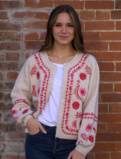 The Embroidered Knit Cardigan-Cardigan Sweater,clothing,embroidered,Embroidered Detail,Floral,Floral Print,Hook & Eye Closure,Knit Sweater,Light Taupe/Red,Outerwear,Ribbed Cuff,Round Neck,Sweater,Sweaters,Top,Tops,Women,women's-[option4]-[option5]-[option6]-Bella Bliss Boutique in Texas