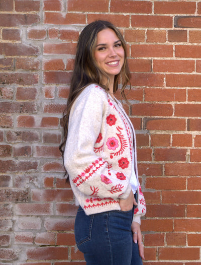 The Embroidered Knit Cardigan-Cardigan Sweater,clothing,embroidered,Embroidered Detail,Floral,Floral Print,Hook & Eye Closure,Knit Sweater,Light Taupe/Red,Outerwear,Ribbed Cuff,Round Neck,Sweater,Sweaters,Top,Tops,Women,women's-[option4]-[option5]-[option6]-Bella Bliss Boutique in Texas