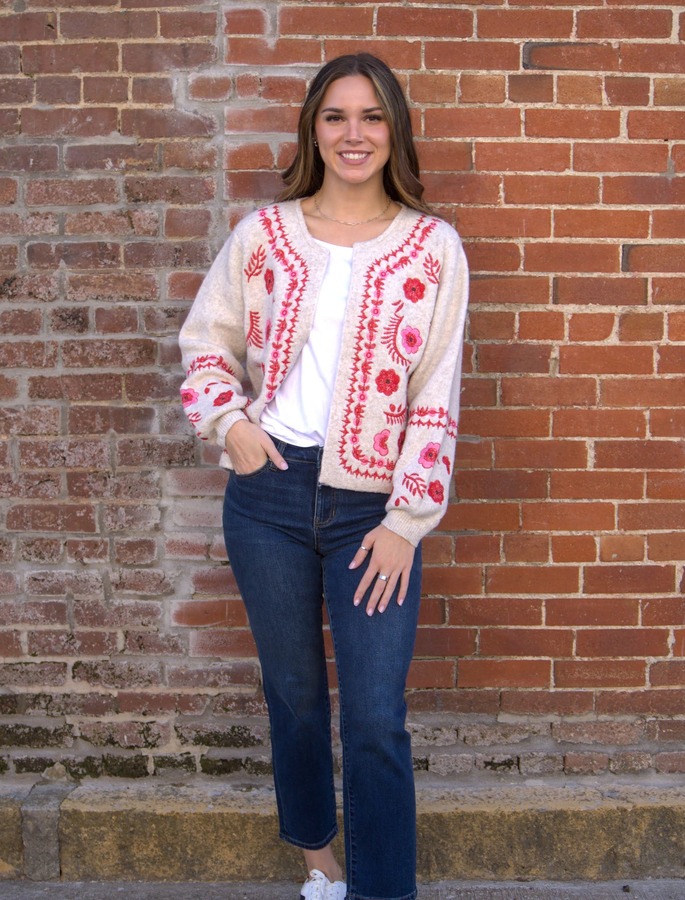 The Embroidered Knit Cardigan-Cardigan Sweater,clothing,embroidered,Embroidered Detail,Floral,Floral Print,Hook & Eye Closure,Knit Sweater,Light Taupe/Red,Outerwear,Ribbed Cuff,Round Neck,Sweater,Sweaters,Top,Tops,Women,women's-[option4]-[option5]-[option6]-Bella Bliss Boutique in Texas