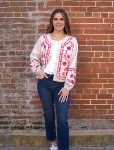 The Embroidered Knit Cardigan-Cardigan Sweater,clothing,embroidered,Embroidered Detail,Floral,Floral Print,Hook & Eye Closure,Knit Sweater,Light Taupe/Red,Outerwear,Ribbed Cuff,Round Neck,Sweater,Sweaters,Top,Tops,Women,women's-[option4]-[option5]-[option6]-Bella Bliss Boutique in Texas