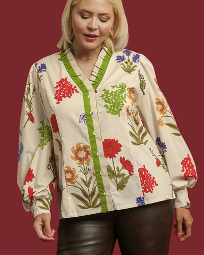 The Floral Button-Down Blouse-clothing,Curvy,Floral Print,Long Sleeve,Ruffle Detail Top,Tops,umgee,Women-[option4]-[option5]-[option6]-Bella Bliss Boutique in Texas