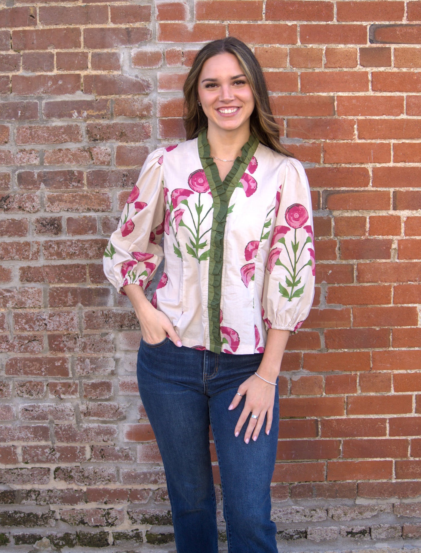 The Floral Print Ruffle Top-3/4 Sleeve,Brown,clothing,cotton,Floral Print,Pink,Puff Sleeve,Ruffle Detail Top,Top,Tops,umgee,V-Neck,Women,women's-S-[option4]-[option5]-[option6]-Bella Bliss Boutique in Texas