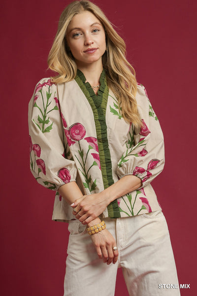 The Floral Print Ruffle Top-3/4 Sleeve,Brown,clothing,cotton,Curvy,Floral Print,Pink,Puff Sleeve,Ruffle Detail Top,Top,umgee,V-Neck,Women,women's-S-[option4]-[option5]-[option6]-Bella Bliss Boutique in Texas