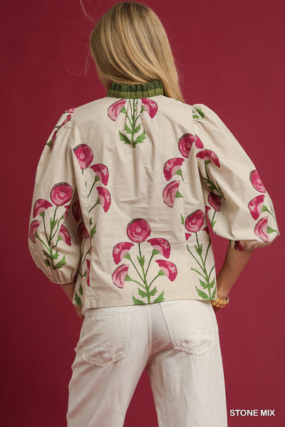 The Floral Print Ruffle Top-3/4 Sleeve,Brown,clothing,cotton,Curvy,Floral Print,Pink,Puff Sleeve,Ruffle Detail Top,Top,umgee,V-Neck,Women,women's-[option4]-[option5]-[option6]-Bella Bliss Boutique in Texas