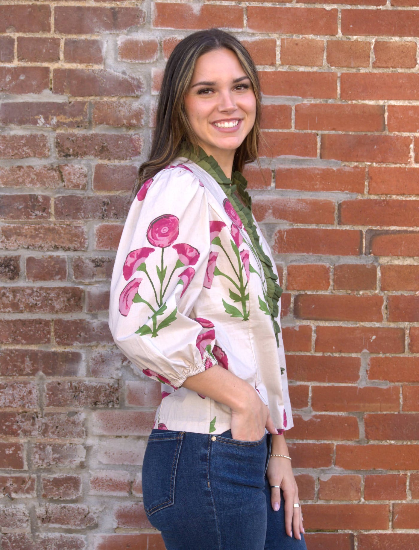 The Floral Print Ruffle Top-3/4 Sleeve,Brown,clothing,cotton,Floral Print,Pink,Puff Sleeve,Ruffle Detail Top,Top,Tops,umgee,V-Neck,Women,women's-[option4]-[option5]-[option6]-Bella Bliss Boutique in Texas