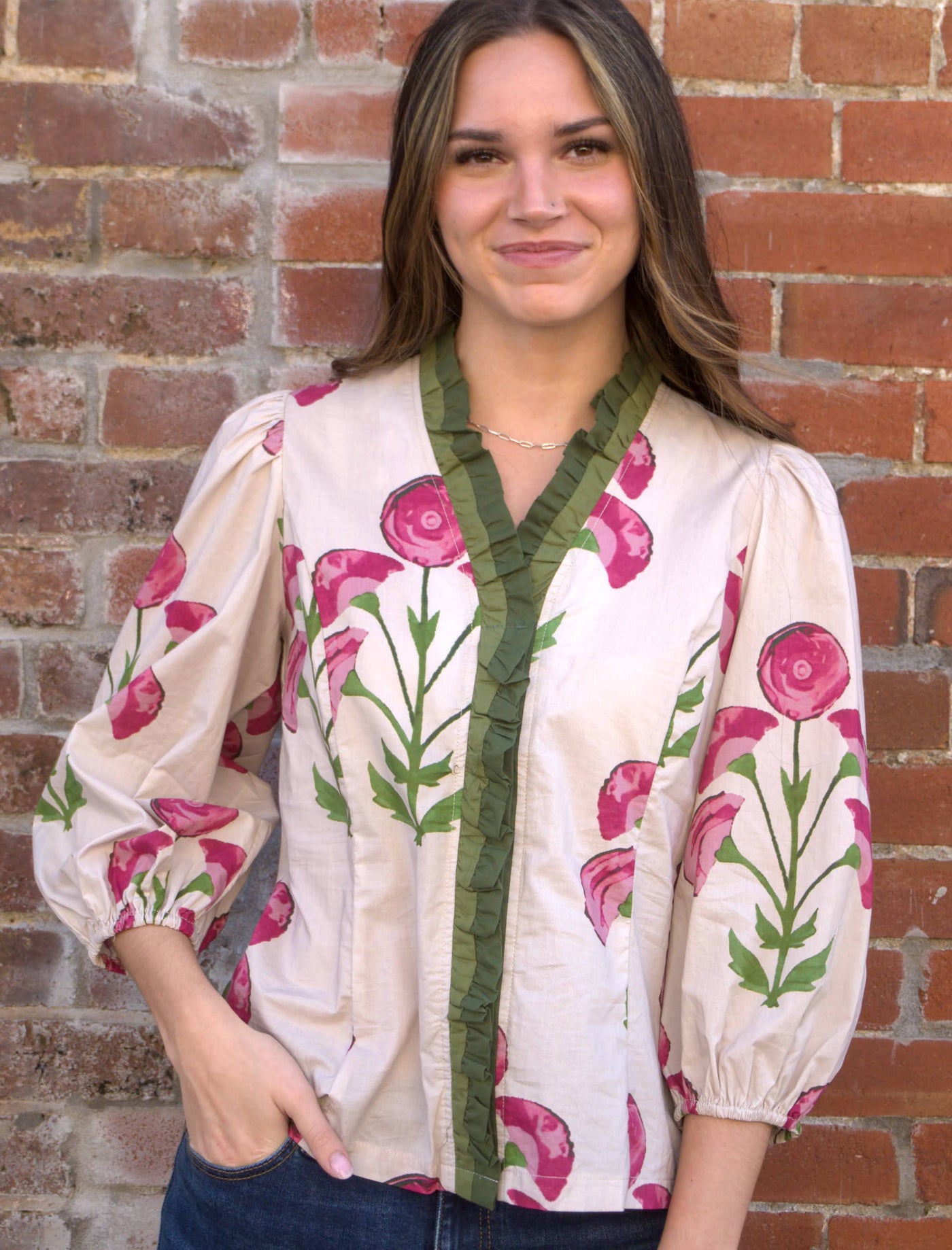 The Floral Print Ruffle Top-3/4 Sleeve,Brown,clothing,cotton,Floral Print,Pink,Puff Sleeve,Ruffle Detail Top,Top,Tops,umgee,V-Neck,Women,women's-[option4]-[option5]-[option6]-Bella Bliss Boutique in Texas
