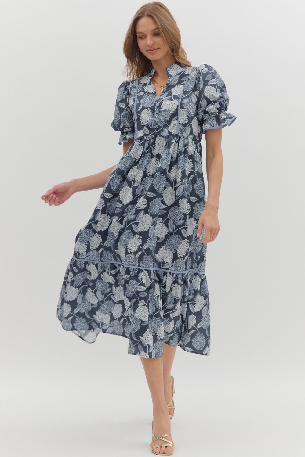 The Floral Puff Sleeve Tiered Midi Dress-clothing,Contrast Accent,dress,dresses,Floral,Floral Print,Midi Dress,navy,Puff Sleeve,Ruffle Finish,Tiered Dress,Women,women's,Woven Dress-S-[option4]-[option5]-[option6]-Bella Bliss Boutique in Texas