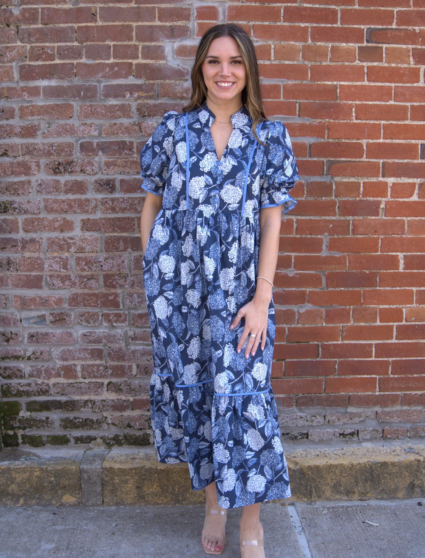 The Floral Puff Sleeve Tiered Midi Dress-clothing,Contrast Accent,dress,dresses,Floral,Floral Print,Midi Dress,navy,Puff Sleeve,Ruffle Finish,Tiered Dress,Women,women's,Woven Dress-S-[option4]-[option5]-[option6]-Bella Bliss Boutique in Texas