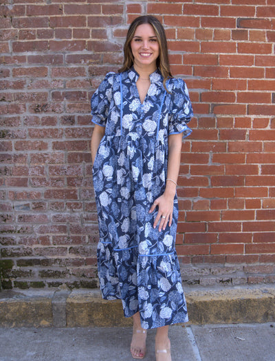 The Floral Puff Sleeve Tiered Midi Dress-clothing,Contrast Accent,dress,dresses,Floral,Floral Print,Midi Dress,navy,Puff Sleeve,Ruffle Finish,Tiered Dress,Women,women's,Woven Dress-S-[option4]-[option5]-[option6]-Bella Bliss Boutique in Texas