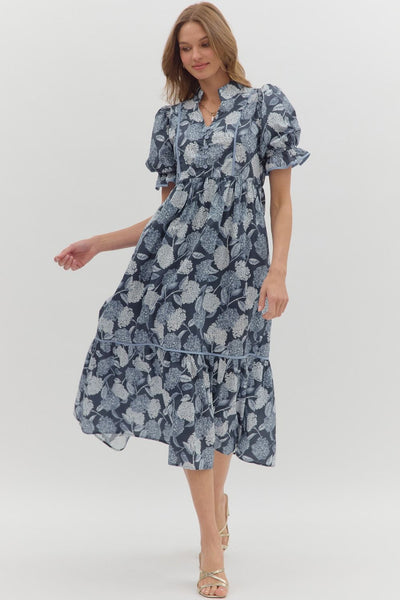 The Floral Puff Sleeve Tiered Midi Dress-clothing,Contrast Accent,dress,dresses,Floral,Floral Print,Midi Dress,navy,Puff Sleeve,Ruffle Finish,Tiered Dress,Women,women's,Woven Dress-S-[option4]-[option5]-[option6]-Bella Bliss Boutique in Texas