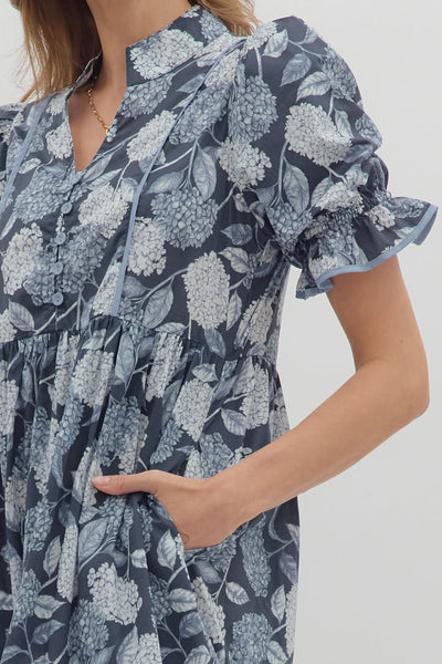 The Floral Puff Sleeve Tiered Midi Dress-clothing,Contrast Accent,dress,dresses,Floral,Floral Print,Midi Dress,navy,Puff Sleeve,Ruffle Finish,Tiered Dress,Women,women's,Woven Dress-[option4]-[option5]-[option6]-Bella Bliss Boutique in Texas