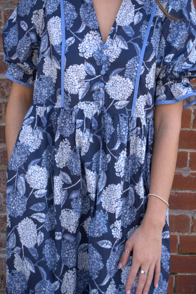 The Floral Puff Sleeve Tiered Midi Dress-clothing,Contrast Accent,dress,dresses,Floral,Floral Print,Midi Dress,navy,Puff Sleeve,Ruffle Finish,Tiered Dress,Women,women's,Woven Dress-[option4]-[option5]-[option6]-Bella Bliss Boutique in Texas