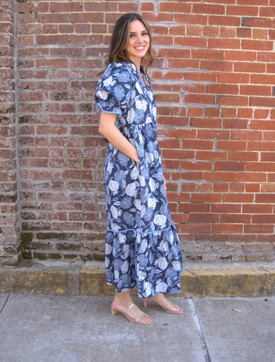 The Floral Puff Sleeve Tiered Midi Dress-clothing,Contrast Accent,dress,dresses,Floral,Floral Print,Midi Dress,navy,Puff Sleeve,Ruffle Finish,Tiered Dress,Women,women's,Woven Dress-[option4]-[option5]-[option6]-Bella Bliss Boutique in Texas