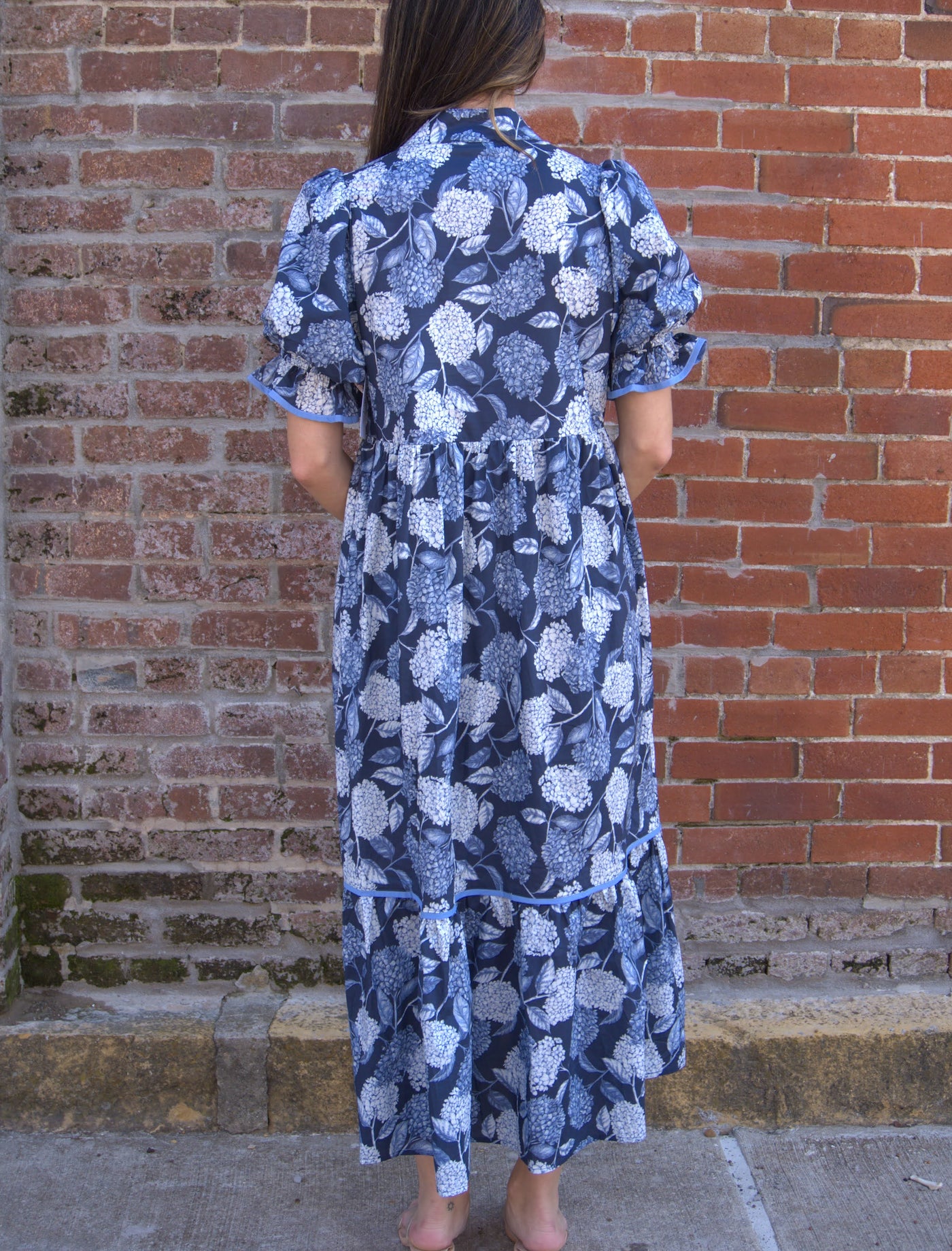 The Floral Puff Sleeve Tiered Midi Dress-clothing,Contrast Accent,dress,dresses,Floral,Floral Print,Midi Dress,navy,Puff Sleeve,Ruffle Finish,Tiered Dress,Women,women's,Woven Dress-[option4]-[option5]-[option6]-Bella Bliss Boutique in Texas