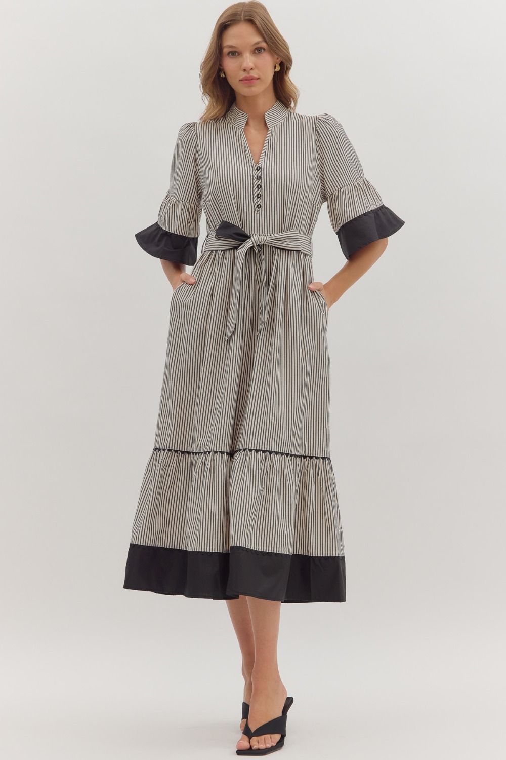 The Maren Midi Dress-3/4 Sleeve,Belt,Belted,button down,Button Up,clothing,dress,dresses,Entro,Midi Dress,Self Tie Belt,stripe,Striped,V-Neck,Women,women's-[option4]-[option5]-[option6]-Bella Bliss Boutique in Texas