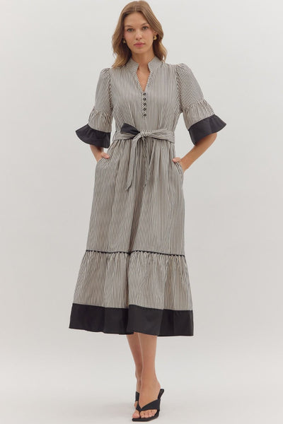 The Maren Midi Dress-3/4 Sleeve,Belt,Belted,button down,Button Up,clothing,dress,dresses,Entro,Midi Dress,Self Tie Belt,stripe,Striped,V-Neck,Women,women's-[option4]-[option5]-[option6]-Bella Bliss Boutique in Texas