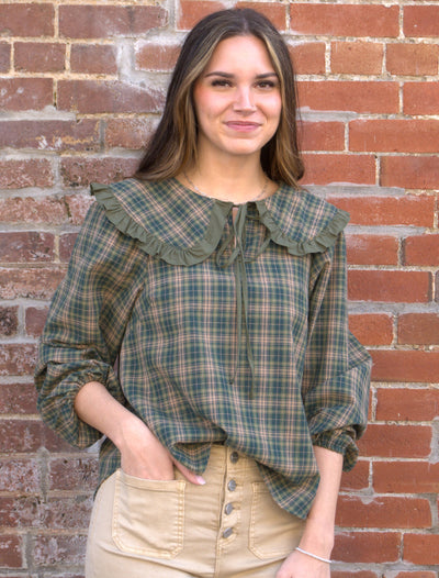 The Plaid Ruffle Collar Blouse-Balloon Sleeve,cotton,Curvy,green,Long Sleeve,peter pan collar,plaid,plus size,polyester,Ruffle Trim,Tops,umgee,Women,women's-S-[option4]-[option5]-[option6]-Bella Bliss Boutique in Texas