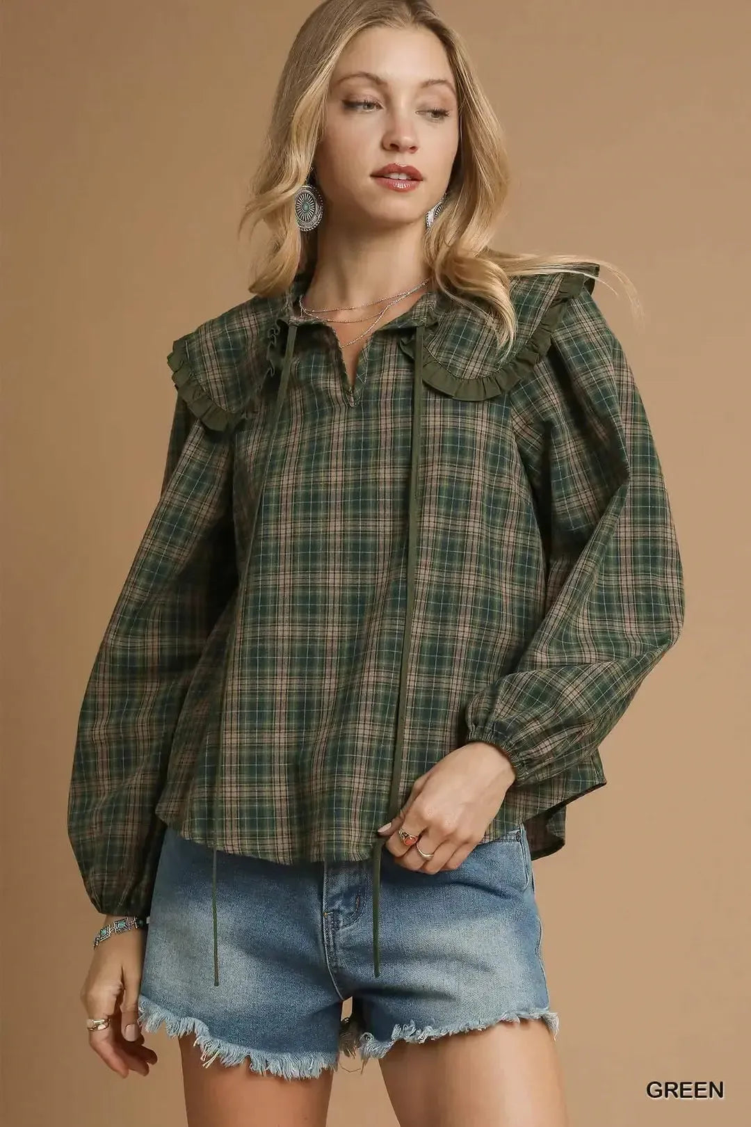 The Plaid Ruffle Collar Blouse-Balloon Sleeve,cotton,Curvy,green,Long Sleeve,peter pan collar,plaid,plus size,polyester,Ruffle Trim,Tops,umgee,Women,women's-S-[option4]-[option5]-[option6]-Bella Bliss Boutique in Texas