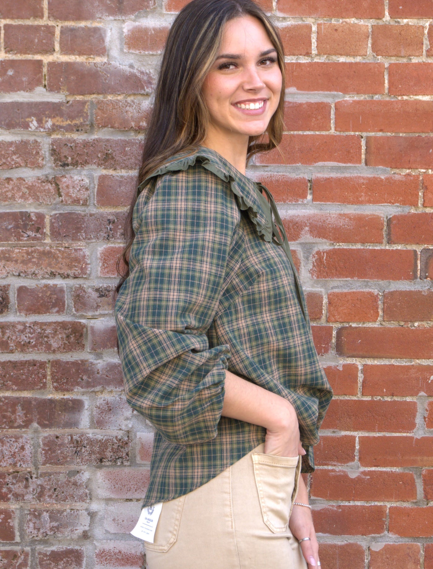 The Plaid Ruffle Collar Blouse-Balloon Sleeve,cotton,Curvy,green,Long Sleeve,peter pan collar,plaid,plus size,polyester,Ruffle Trim,Tops,umgee,Women,women's-[option4]-[option5]-[option6]-Bella Bliss Boutique in Texas