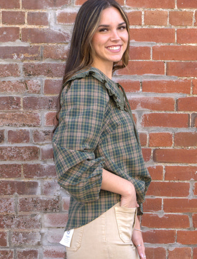 The Plaid Ruffle Collar Blouse-Balloon Sleeve,cotton,Curvy,green,Long Sleeve,peter pan collar,plaid,plus size,polyester,Ruffle Trim,Tops,umgee,Women,women's-[option4]-[option5]-[option6]-Bella Bliss Boutique in Texas