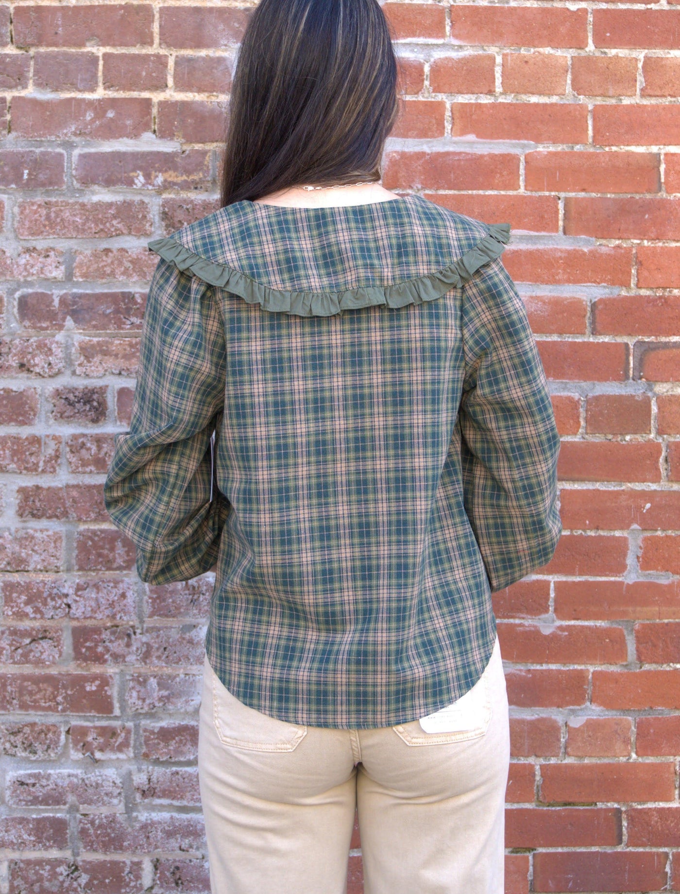 The Plaid Ruffle Collar Blouse-Balloon Sleeve,cotton,Curvy,green,Long Sleeve,peter pan collar,plaid,plus size,polyester,Ruffle Trim,Tops,umgee,Women,women's-[option4]-[option5]-[option6]-Bella Bliss Boutique in Texas