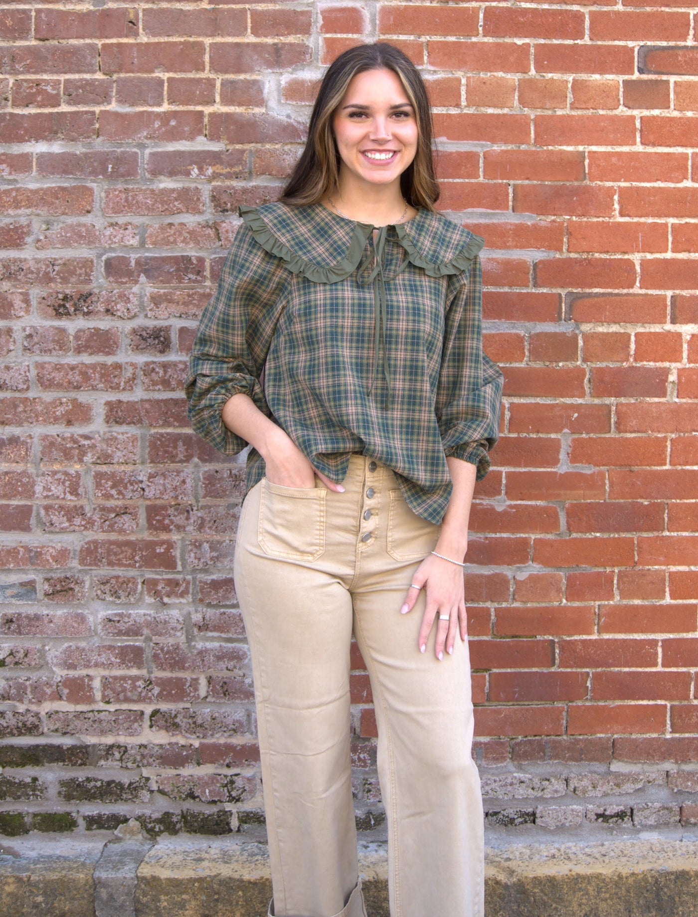 The Plaid Ruffle Collar Blouse-Balloon Sleeve,cotton,Curvy,green,Long Sleeve,peter pan collar,plaid,plus size,polyester,Ruffle Trim,Tops,umgee,Women,women's-[option4]-[option5]-[option6]-Bella Bliss Boutique in Texas