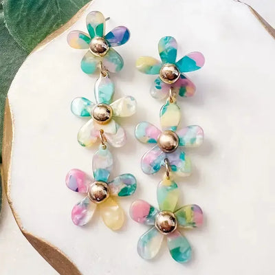 Three Tier Acrylic Dangle Earrings-3-Tier,Acrylic,Dangle Earrings,Earrings,Flower,Flowers,Jewelry,Post Drop Earrings,Three Tier-[option4]-[option5]-[option6]-Bella Bliss Boutique in Texas