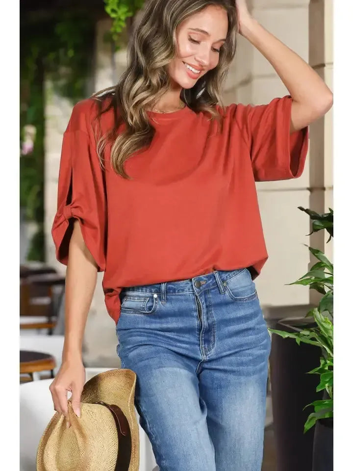 Tie Accent Cupro T-Shirt-clothing,Crew Neck,Cupro,Drop Shoulder,Rust,T-Shirt,Tie Accen,Tie Accent Sleeve,Tie Detail,Top,Tops,Women,women's-S-[option4]-[option5]-[option6]-Bella Bliss Boutique in Texas