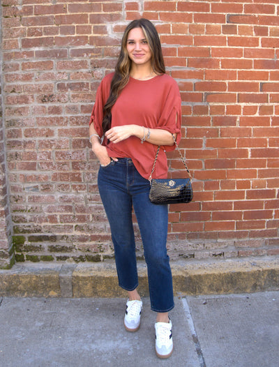 Tie Accent Cupro T-Shirt-clothing,Crew Neck,Cupro,Drop Shoulder,Rust,T-Shirt,Tie Accen,Tie Accent Sleeve,Tie Detail,Top,Tops,Women,women's-S-[option4]-[option5]-[option6]-Bella Bliss Boutique in Texas