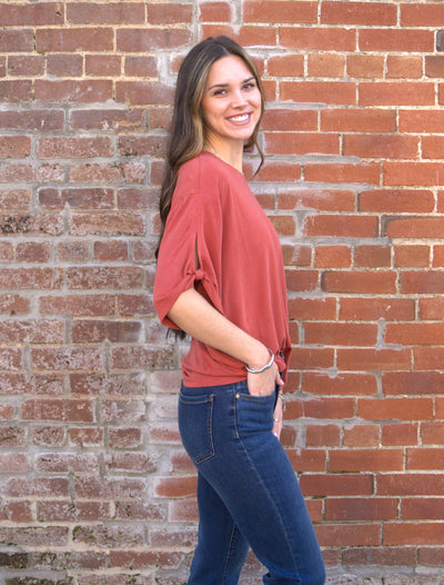 Tie Accent Cupro T-Shirt-clothing,Crew Neck,Cupro,Drop Shoulder,Rust,T-Shirt,Tie Accen,Tie Accent Sleeve,Tie Detail,Top,Tops,Women,women's-[option4]-[option5]-[option6]-Bella Bliss Boutique in Texas