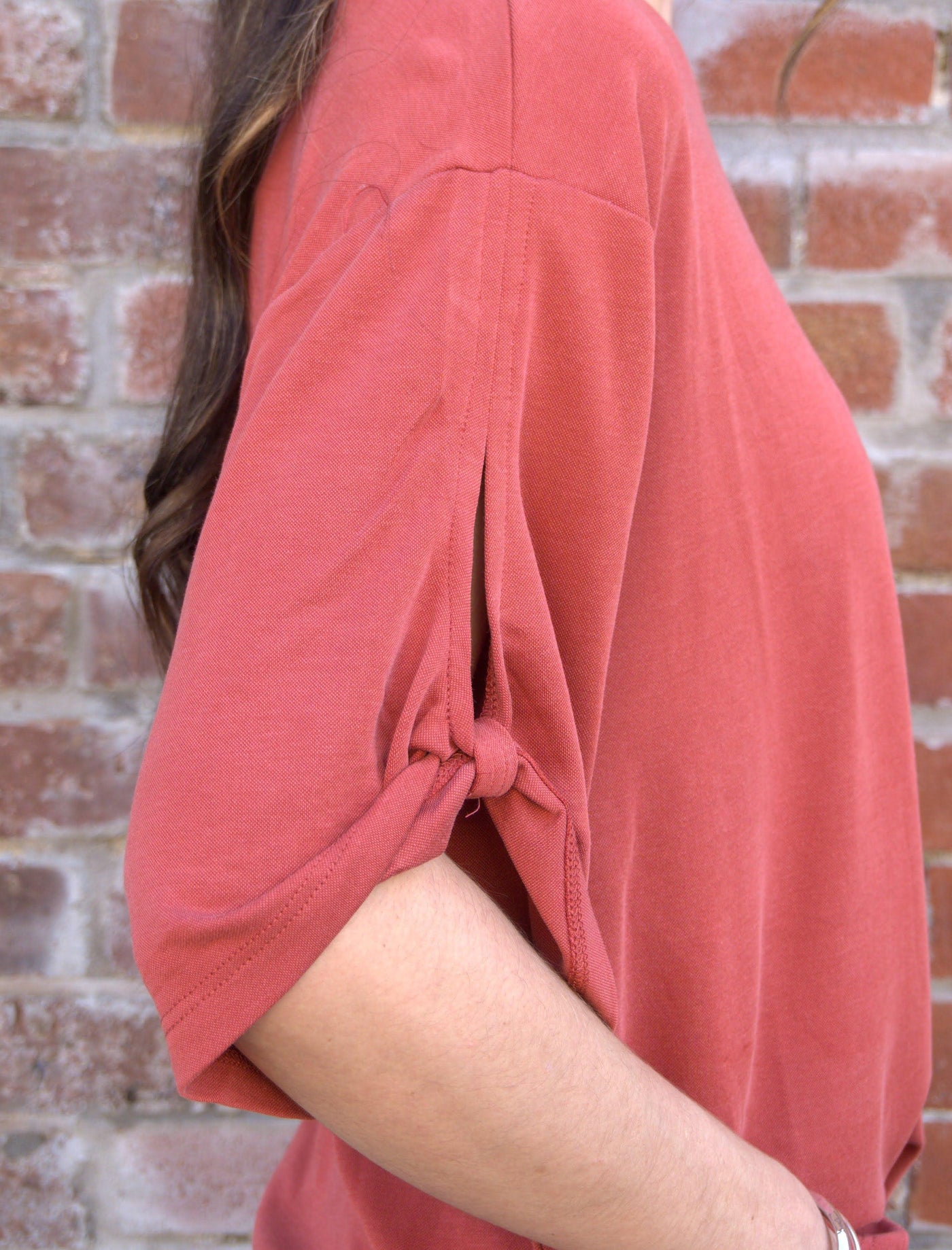 Tie Accent Cupro T-Shirt-clothing,Crew Neck,Cupro,Drop Shoulder,Rust,T-Shirt,Tie Accen,Tie Accent Sleeve,Tie Detail,Top,Tops,Women,women's-[option4]-[option5]-[option6]-Bella Bliss Boutique in Texas