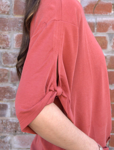 Tie Accent Cupro T-Shirt-clothing,Crew Neck,Cupro,Drop Shoulder,Rust,T-Shirt,Tie Accen,Tie Accent Sleeve,Tie Detail,Top,Tops,Women,women's-[option4]-[option5]-[option6]-Bella Bliss Boutique in Texas