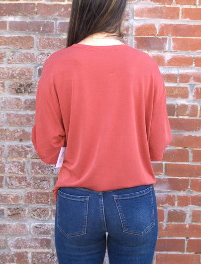 Tie Accent Cupro T-Shirt-clothing,Crew Neck,Cupro,Drop Shoulder,Rust,T-Shirt,Tie Accen,Tie Accent Sleeve,Tie Detail,Top,Tops,Women,women's-[option4]-[option5]-[option6]-Bella Bliss Boutique in Texas