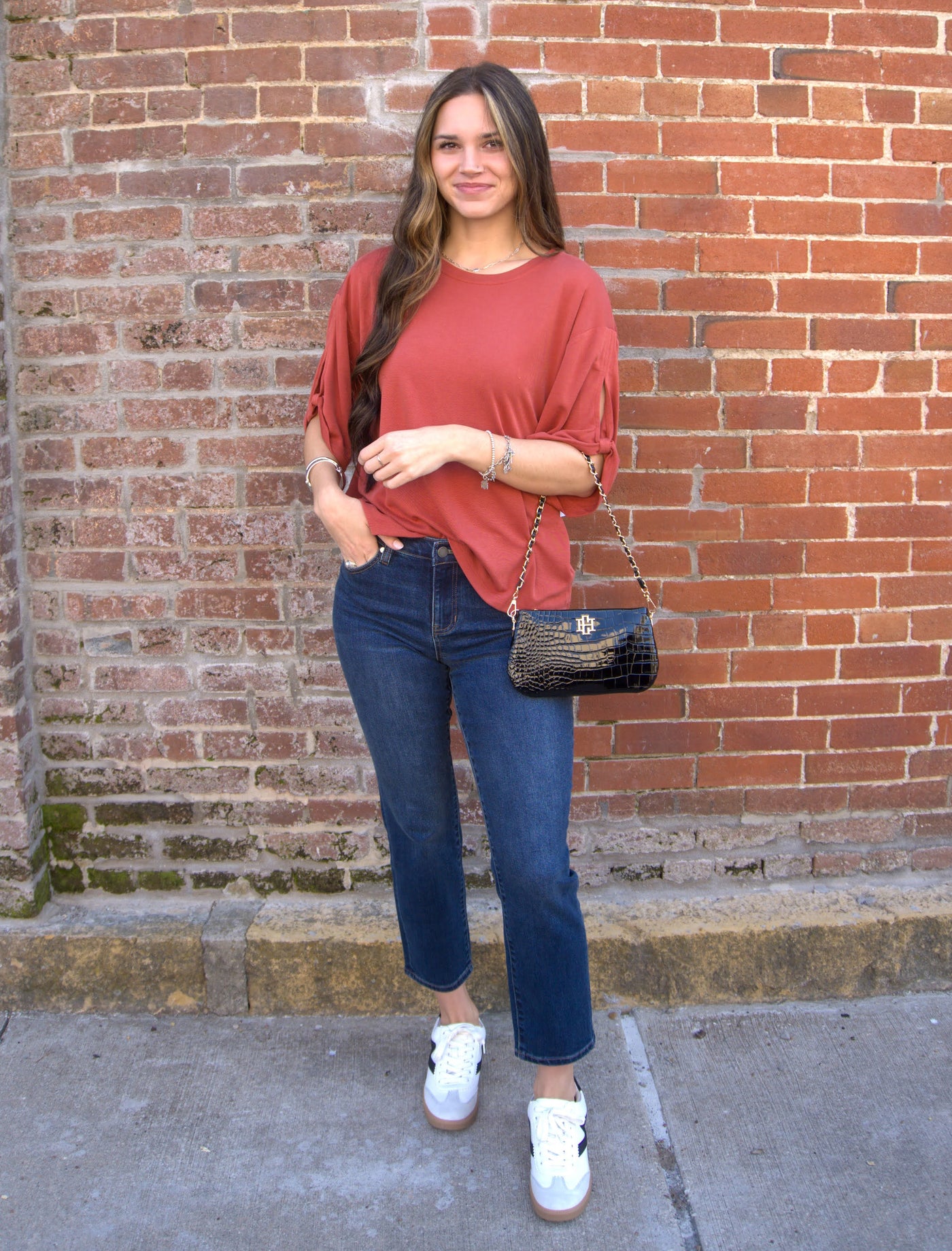 Tie Accent Cupro T-Shirt-clothing,Crew Neck,Cupro,Drop Shoulder,Rust,T-Shirt,Tie Accen,Tie Accent Sleeve,Tie Detail,Top,Tops,Women,women's-[option4]-[option5]-[option6]-Bella Bliss Boutique in Texas