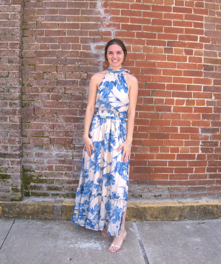 tie-back halter maxi dress Abstract-Print Crepe High-Waist Tie-Back Halter Maxi Dress